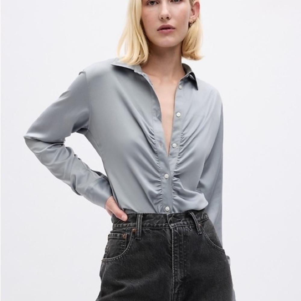 NEW Gap Women’s Grey Satin Ruched Button-Down Dress Shirt XXL NWT